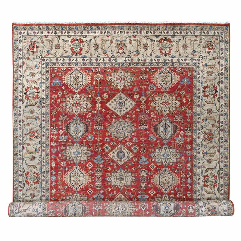 Shahbanu Rugs Auburn Red, Hand Knotted, Pure Wool, Karajeh Design, Soft